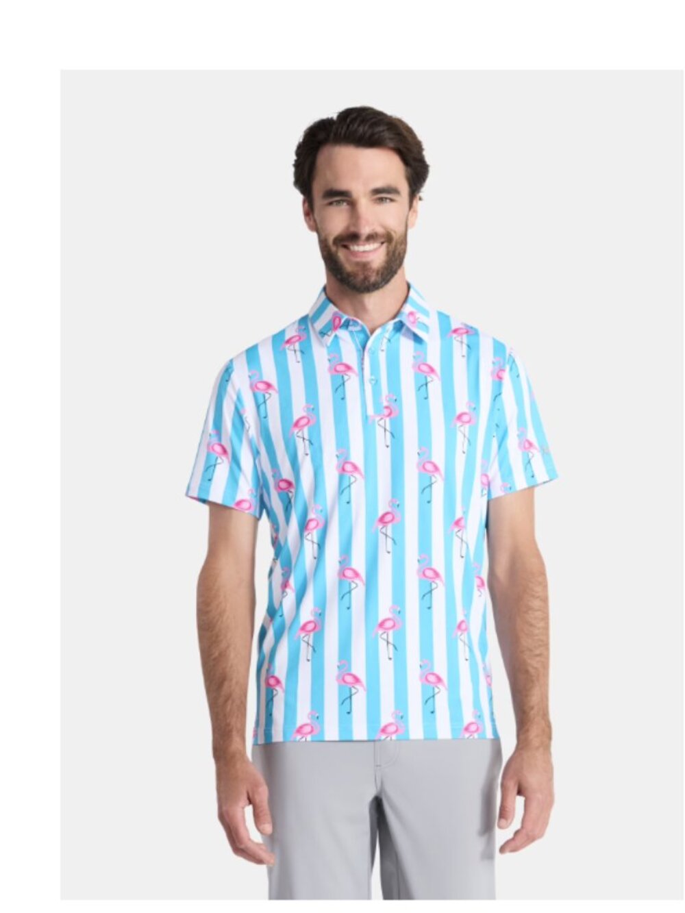 Birdie Bound Men's Flamingo and Stripes Polo Golf Shirt